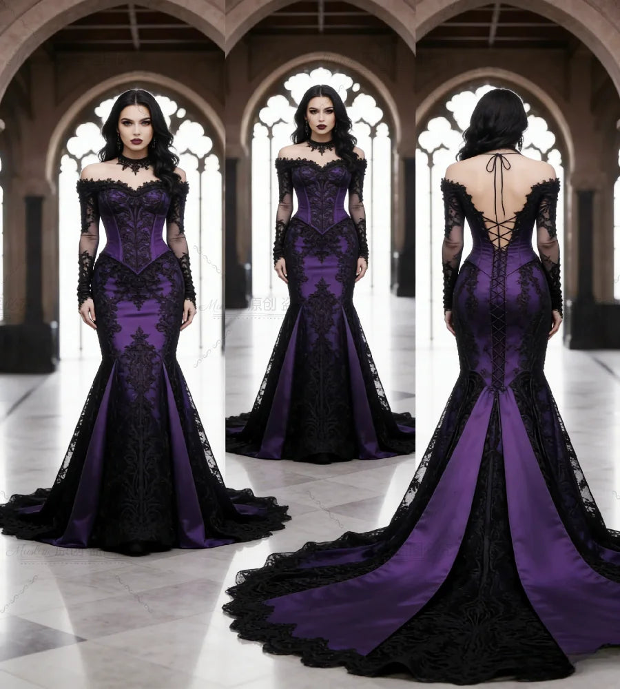 Vintage Purple Gothic Wedding Dress With Black Lace Elegant Mermaid Off Shoulder Long Sleeve Boho Bridal Gowns Vampire Halloween