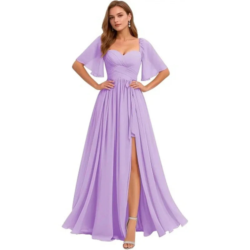 A Line Short Sleeve Chiffon Bridesmaid Dresses One Shouder Slit Pleat Elegant Wedding Party Formal Prom Evening Lace Up Back