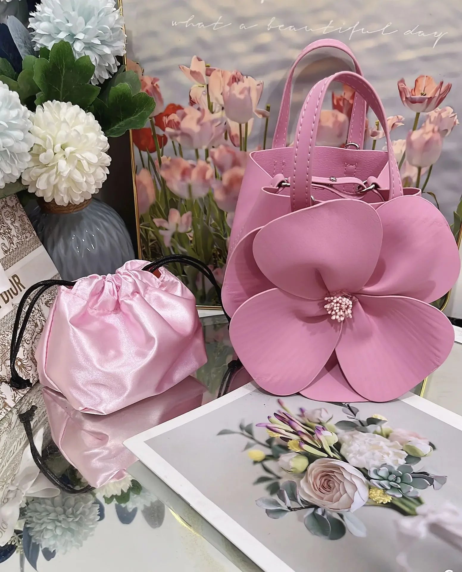 3D Floral Soft PU Leather Women Small Bucket Handbag Wedding Purse Dress Party Evening Bridal Clutch Bag