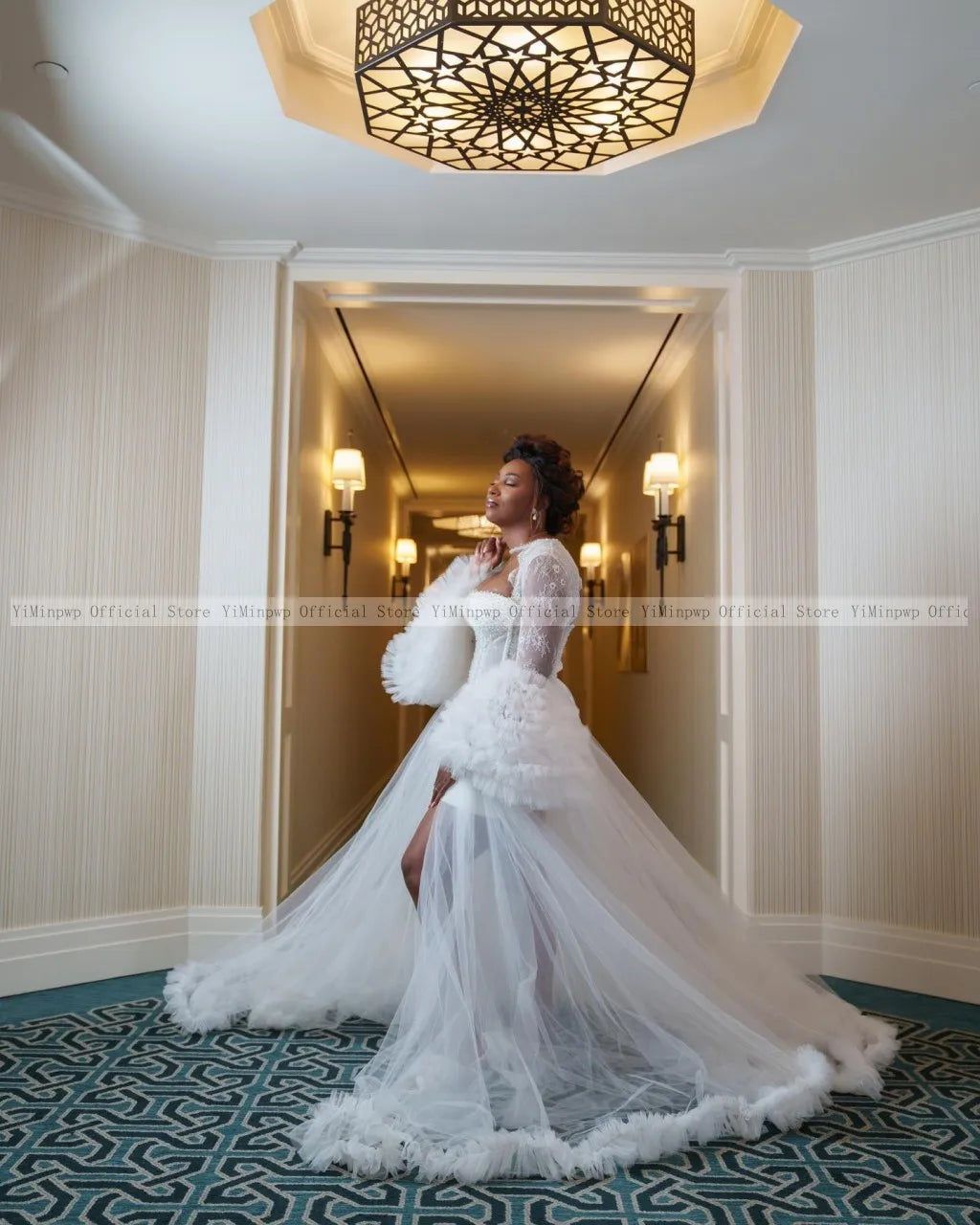 Africa White Wedding Dresses for Bride Long Flare Sleeve Train Corset Tiered Ruffles Aso Ebi Bridal Shower Robe Dress Customized