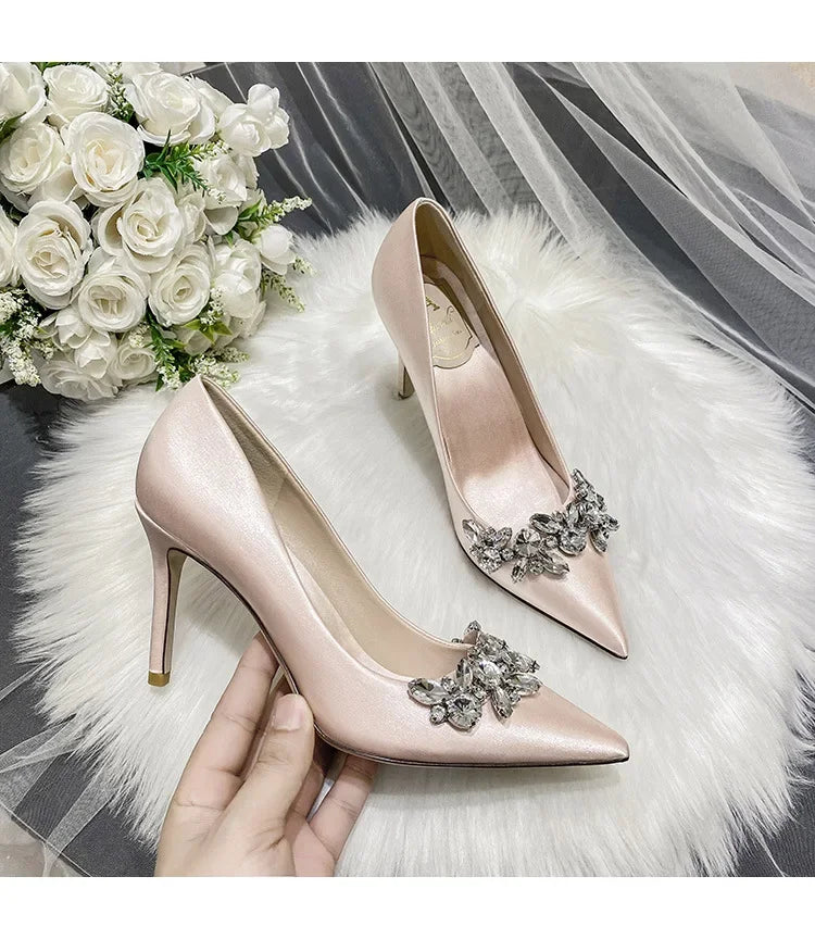 New White Champagne Women Bridal Wedding Shoes Faux Silk Satin Rhinestone Crystal Shallow Pumps Stiletto High Heel