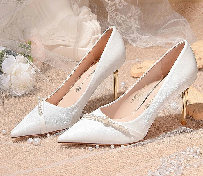 Women's Summer Footwear Bride Pumps Shoes for Woman 2025 Wedding Shoe on Heeled Pointed Toe Pearl Stilito High Heels Popular 39
