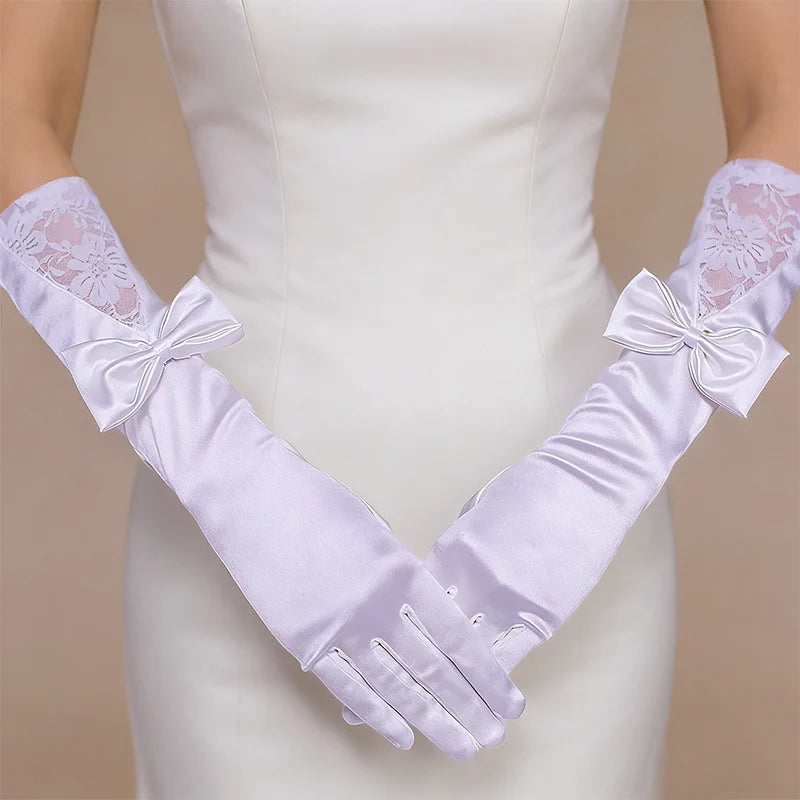 Bridal Satin Wedding Gloves with Medium Length Hollow Bow, Wedding Dress Etiquette and Photography Gloves