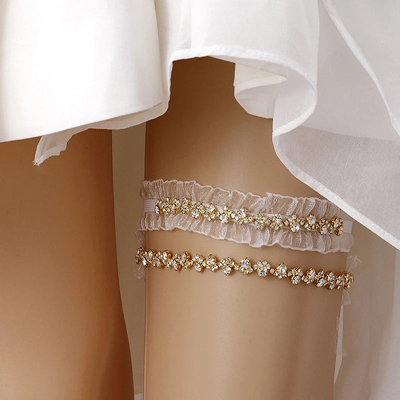White Tulle Rhinestone Bridal Garter Set