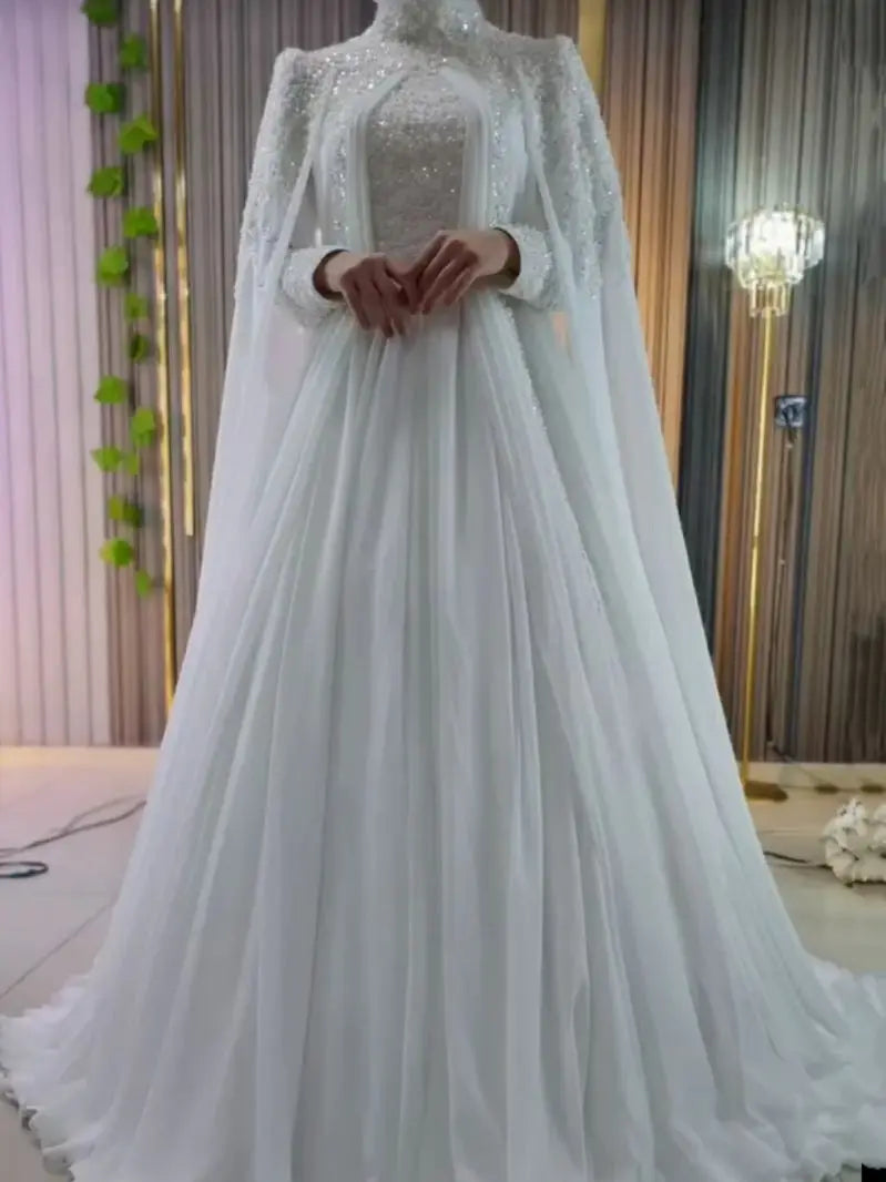 Muslim Long Sleeve Wedding Dress Elegant High Collar Beaded Chiffon A-line Bride Dress Arab Women's Wedding Dress Customized