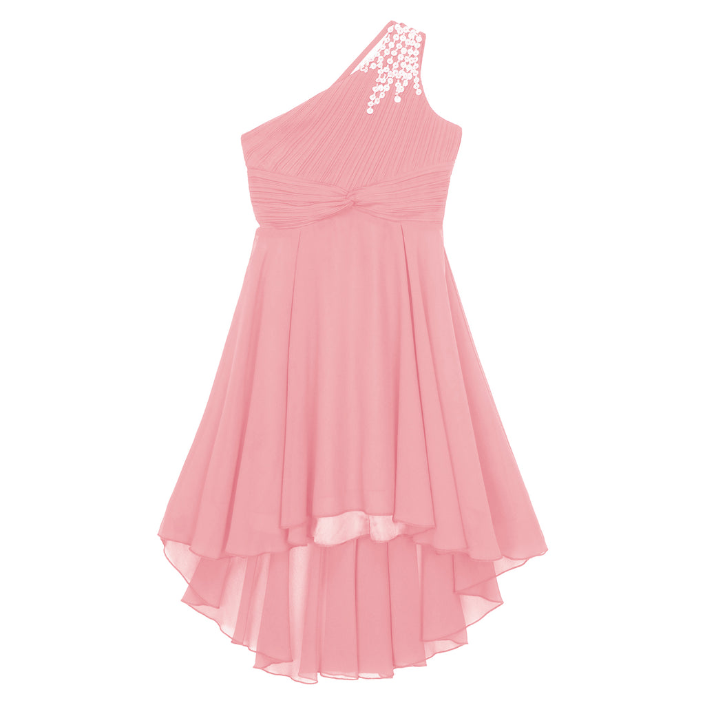Kids Wedding Flower Girls Dress Shiny Beaded One Shoulder Chiffon Princess Dress Elegant Evening Pageant Birthday Party Gown