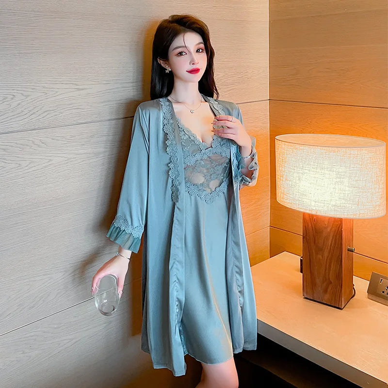 Bridal Wedding Lingerie V-Neck Loungewear Lace 2PCS Robe Suit With Strap Nightgown Sexy Kimono Bathrobe Gown Mini Sleepwear