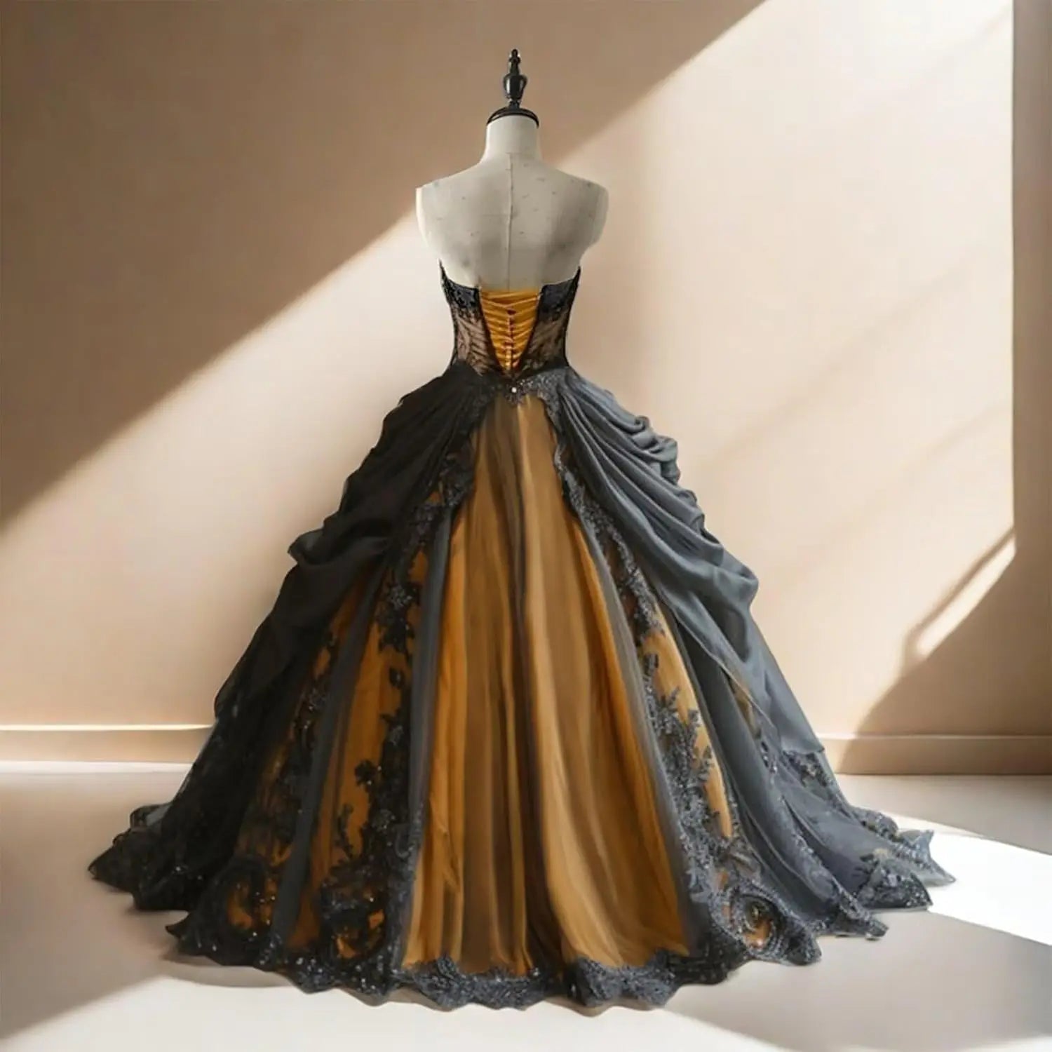 Gothic Weeding Dresses for Brides Black Lace Applique Bridal Dresses Embroidery Tiered Tulle Wedding Gowns with Cape