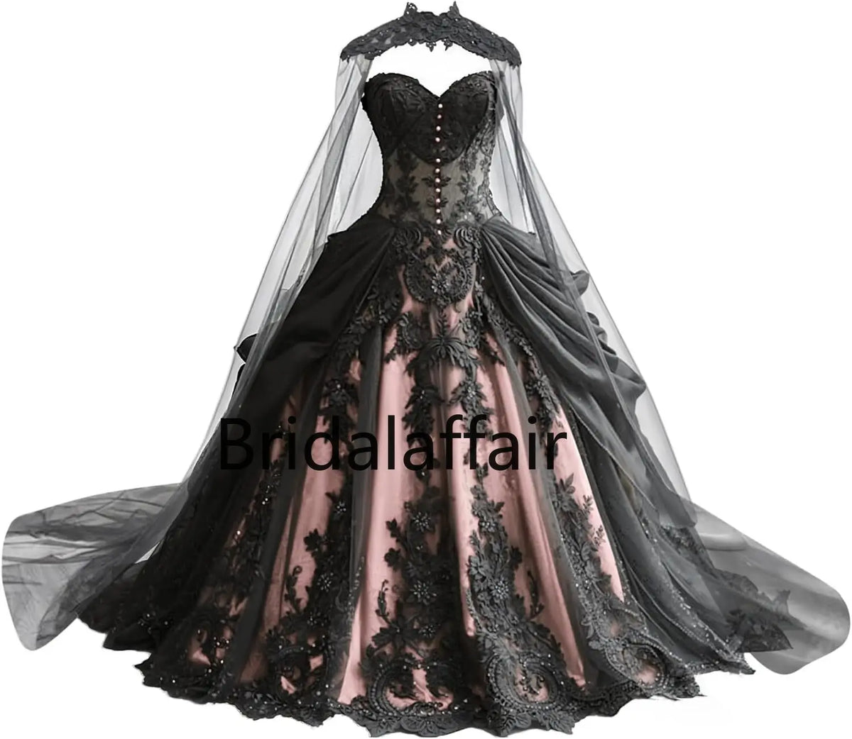Gothic Weeding Dresses for Brides Black Lace Applique Bridal Dresses Embroidery Tiered Tulle Wedding Gowns with Cape