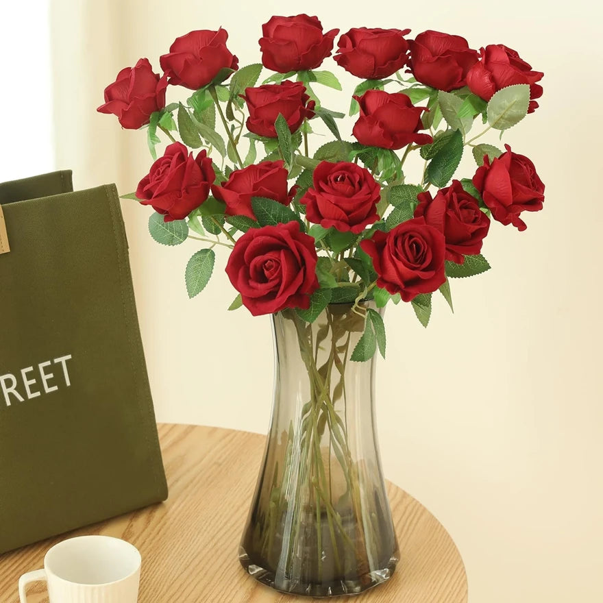 10pcs Artificial Flowers Silk Roses Long Branch Valentine's Day Bridal Bouquets Wedding Home Vase Table Decorations DIY Gift Box