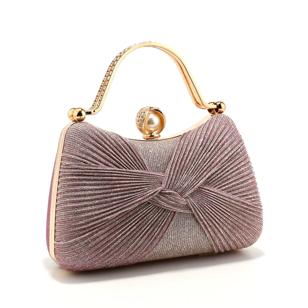 Bow Design Ruched Fashion Women Evening Bags Pink Color Sequined Glitter Metal Pearl Handbags Banquet Lady Wedding Bridal Purse
