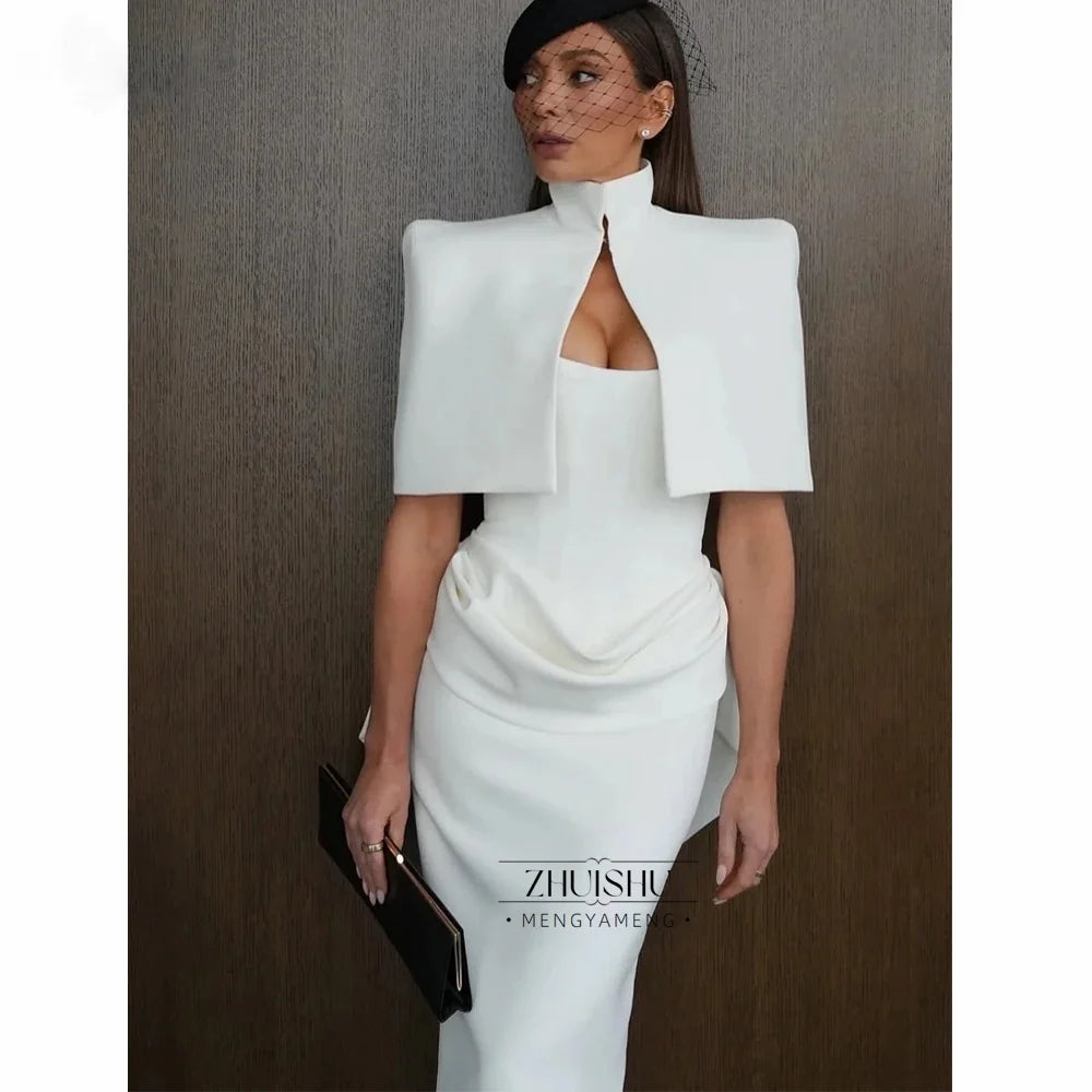 Vintage Wedding Guest Dress with Cape Elegant White Party Evening Gowns Mermaid White Cocktail Dresses Ankle-length Customized