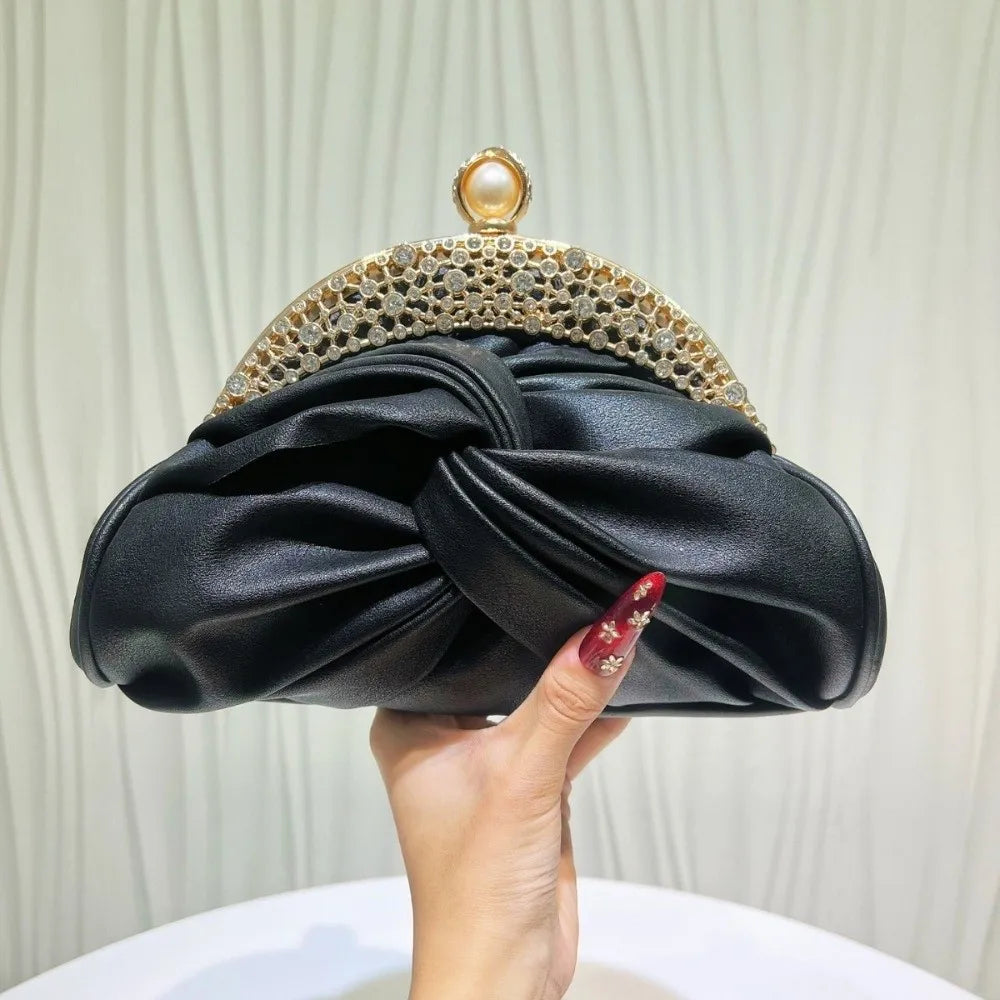 Sparkly Rhinestone Evening Clutch Pleated Hollow-out Bridal Wedding Purse Glittery Chic Ruched Knot Bag Hostess