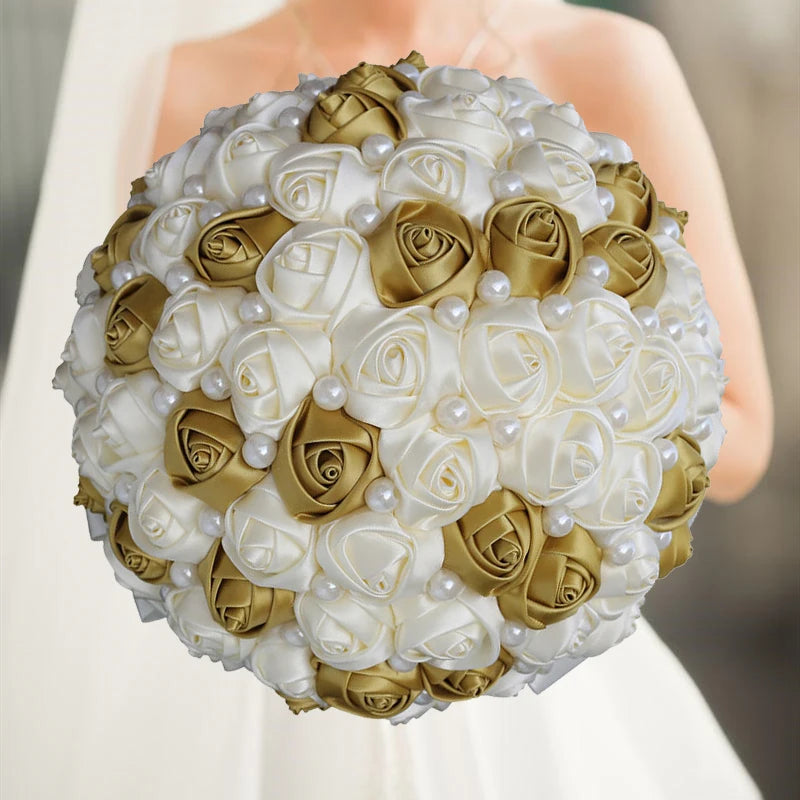 1pc/lot Gold Bridal Wedding Bouquet  Satin Rose Artificial Flowers Wedding Bouquet de novia On Sale