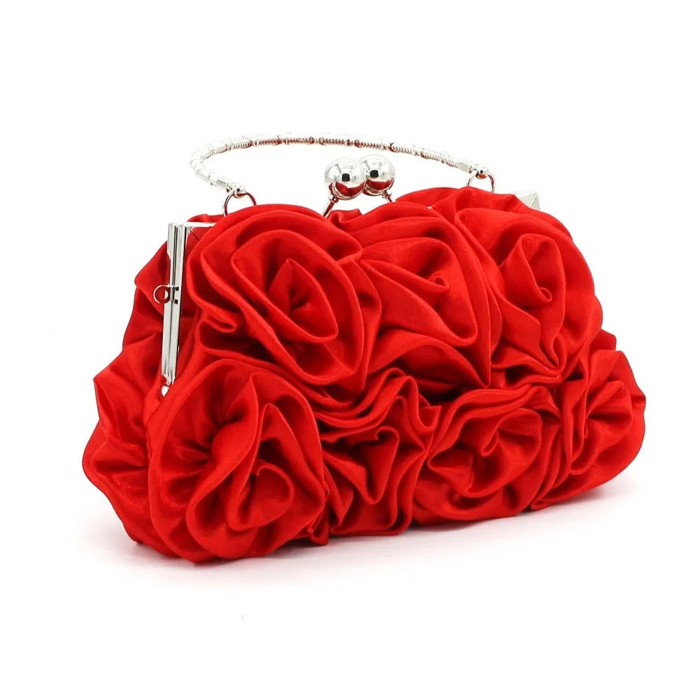 Women Clutches Rose Flower Solid Color Handbag Casual Party Wedding Evening Bag Luxury Bridal Purse Silver Minaudiere Bag