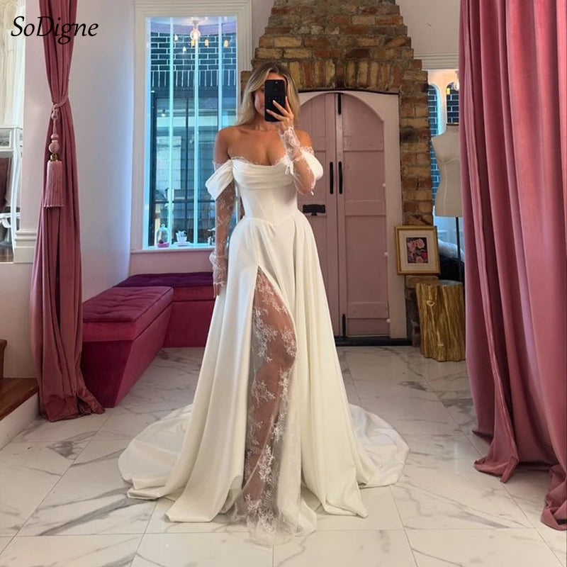 SoDigne A-line Wedding Dresses Off Shoulder Long Sleeve Satin/Lace Bridal Dress Elegant Bride Gown Vestidos De Novia Customized