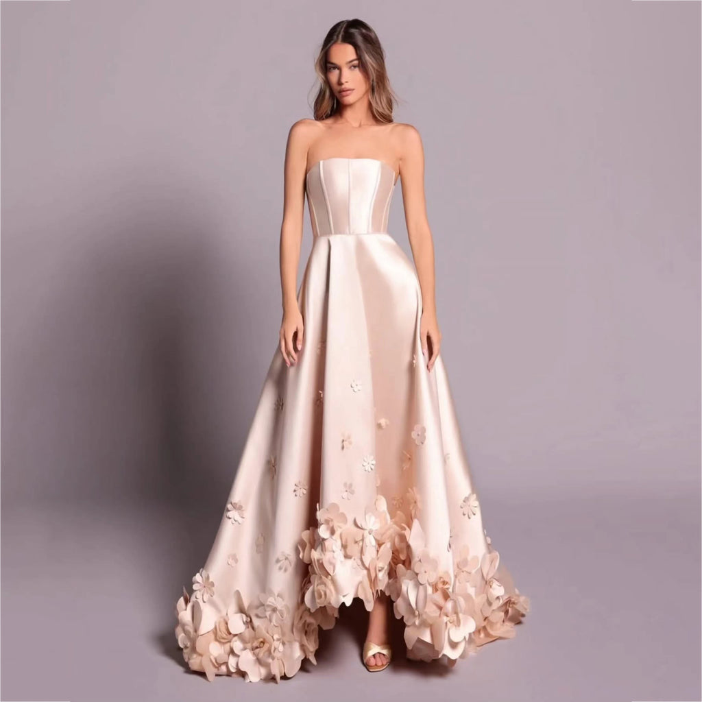 Blush Satin Evening Dresses with 3D Floral Appliques Hem  Party Dresses Sleeveless Prom Dresses فساتين السهرة 2026 Customized