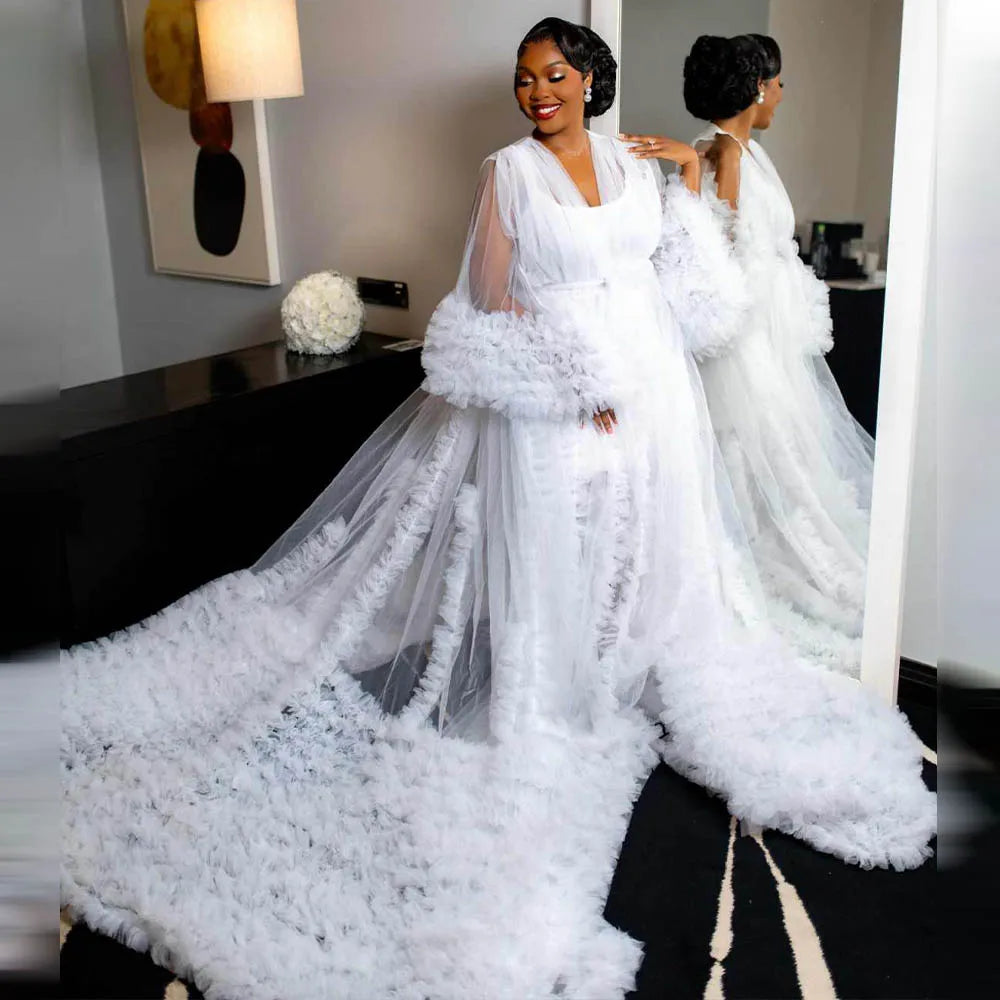 White Bridal Dress Ruffles Puffy Tulle Maternity Dresses for Photoshoot Women Bridal Robe Pregnancy Long Sleepwear Nightwear
