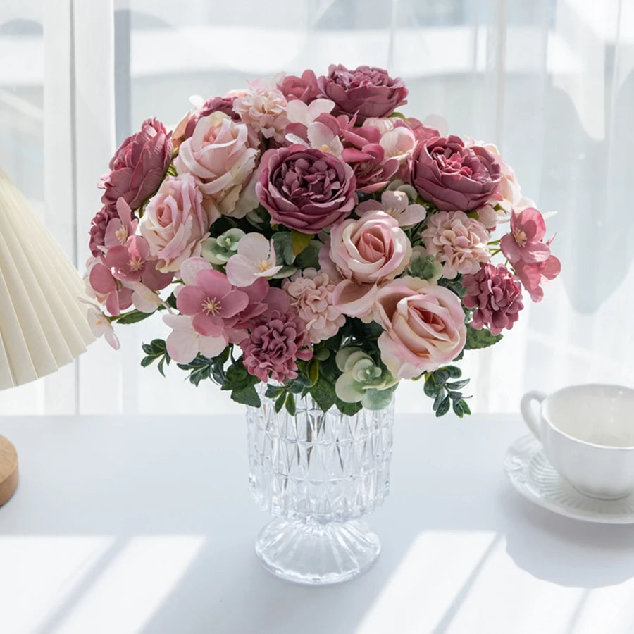 Artificial Flowers 7 Fork Silk Rose Peony Hydrangea Festival Wreath Decor Wedding Wreath Home Room Table DIY Craft Accessories