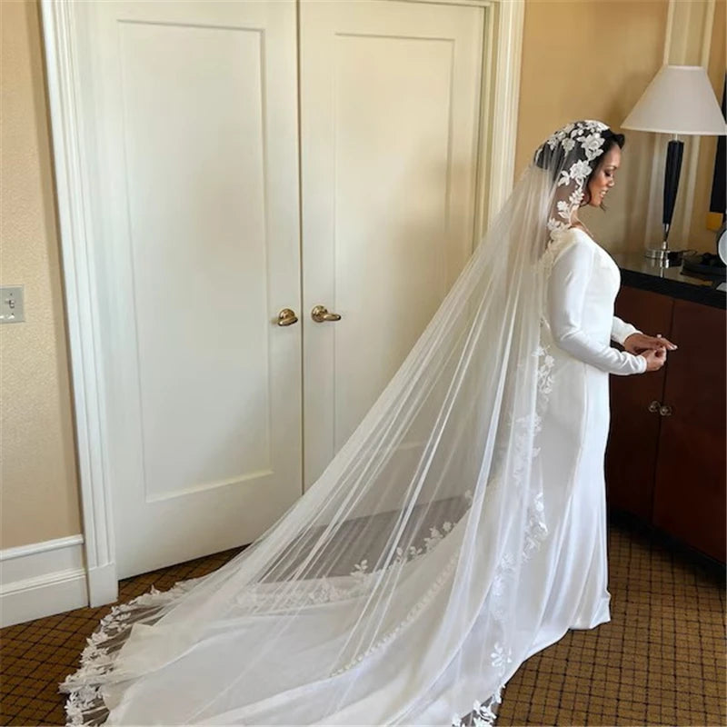 Full Lace Edge Mantilla Wedding Bridal Veils Cathedral Long Embroidered Ivory Tulle Floral Flowers Leaves Outdoor Church Brides