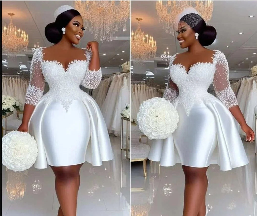 Sheer Neck Beaded Knee Length Wedding Dress