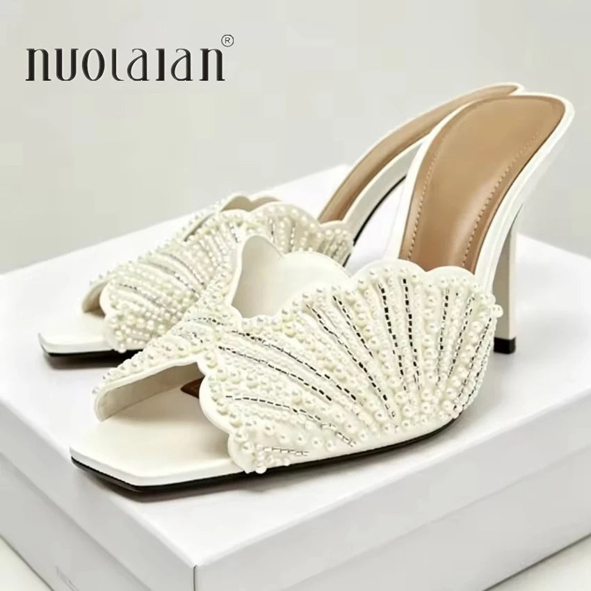 Elegant Summer High Heels Women Mules Sandals Open Toe Pearl Beaded Female Stilettos Slip on Party Wedding Dress Shoes Woman