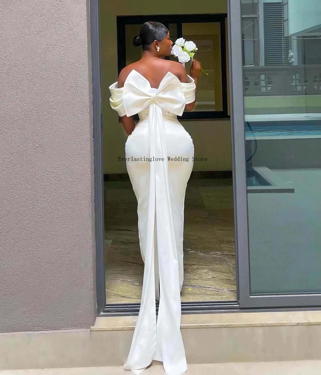 Off-Shoulder Satin Sheath Wedding Dress with Back Bow