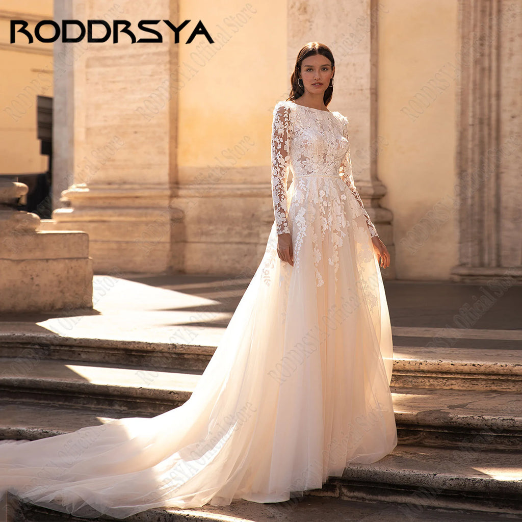 RODDRSYA Muslim Wedding Dresses 2025 Bride Long Sleeves Flowers A-Line Lace Bride Gowns Applique robe mariée boheme Customized