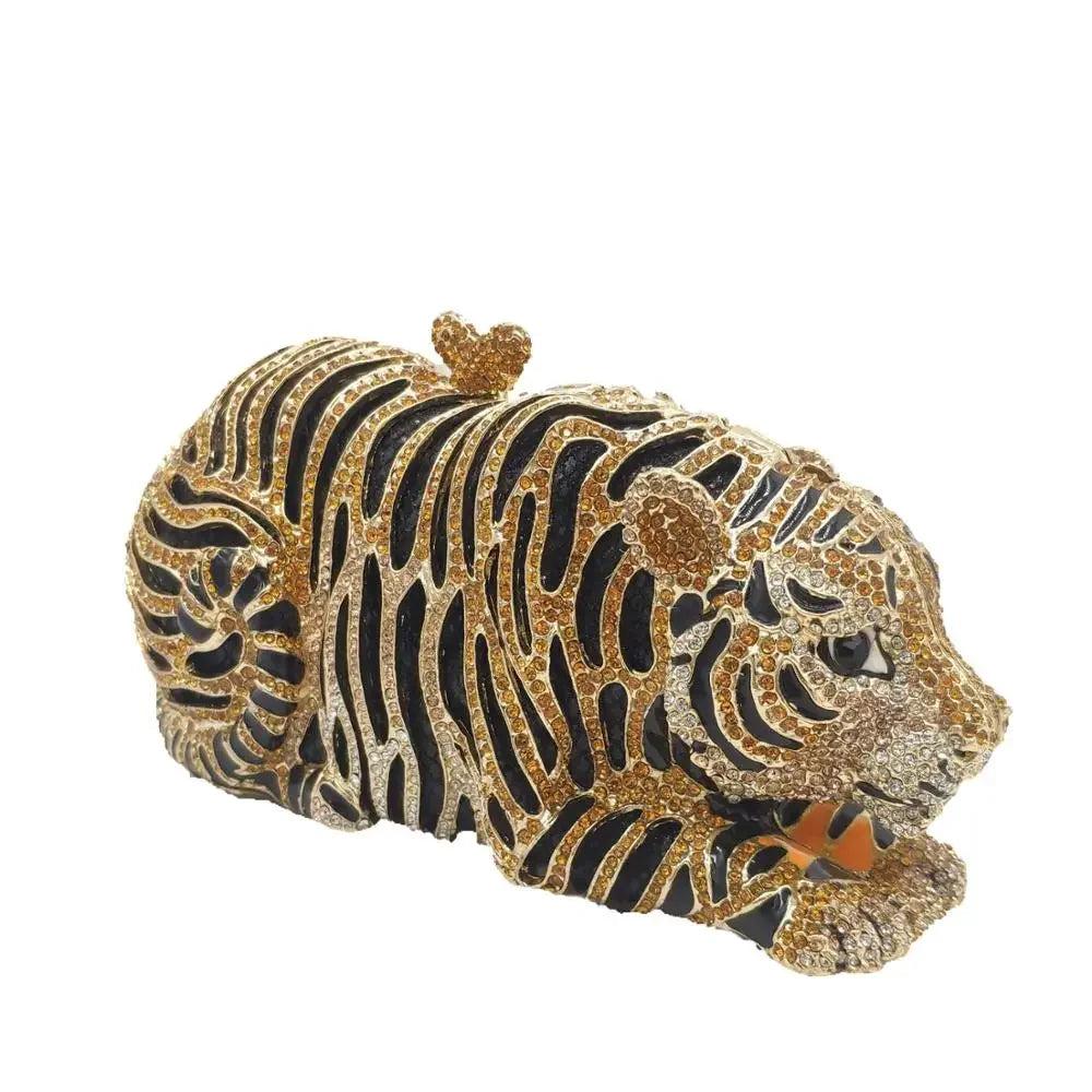Boutique De FGG (in stock) Women Gold Tiger Clutch Minaudiere Evening Bags Diamond Wedding Handbag Bridal Purse Party Dinner Bag