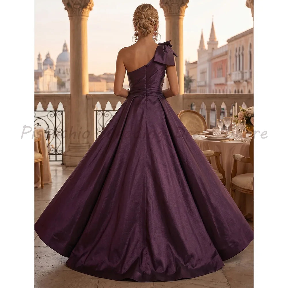 Dark Purple A Line Prom Dress One Shoulder Bow Ruched Waist High Slit Taffeta Train Wedding Guest Evening Gown