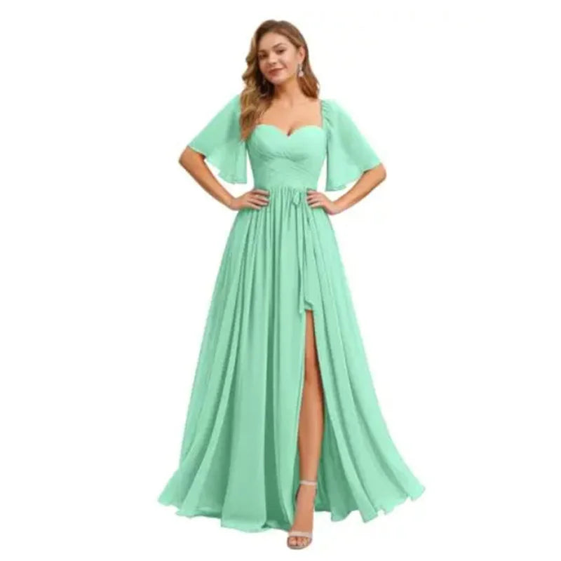 A Line Short Sleeve Chiffon Bridesmaid Dresses One Shouder Slit Pleat Elegant Wedding Party Formal Prom Evening Lace Up Back