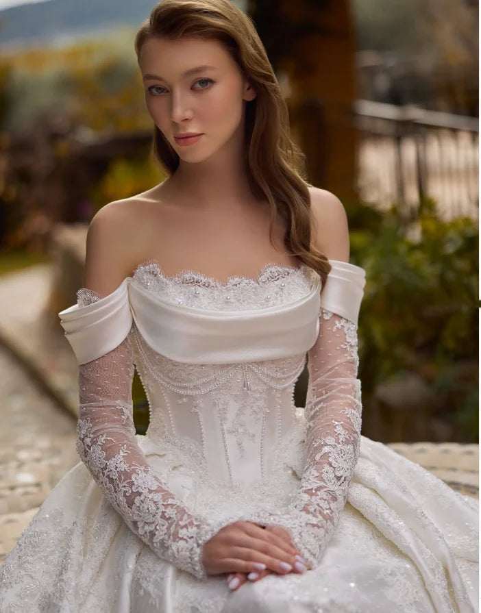 Graceful A Line Wedding Dress For Women Off Shoulder Long Sleeves Bridal Gowns Pearls Beaded Lace Dress Customized