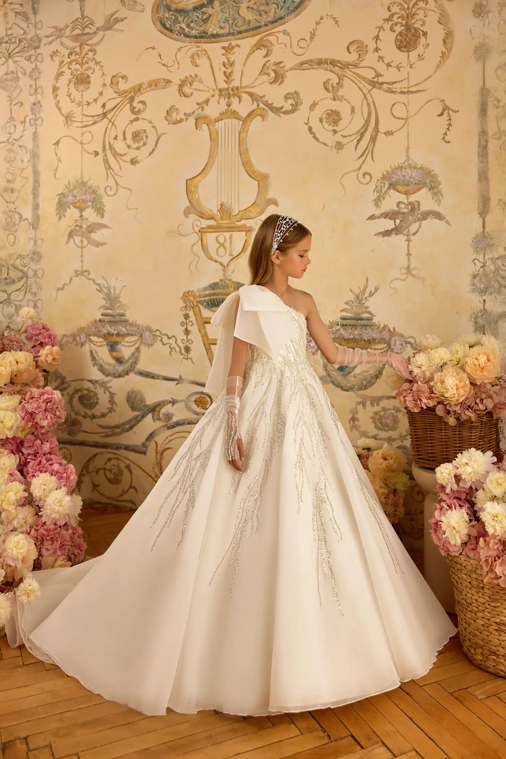 One-Shoulder Beaded Flower Girl Gown