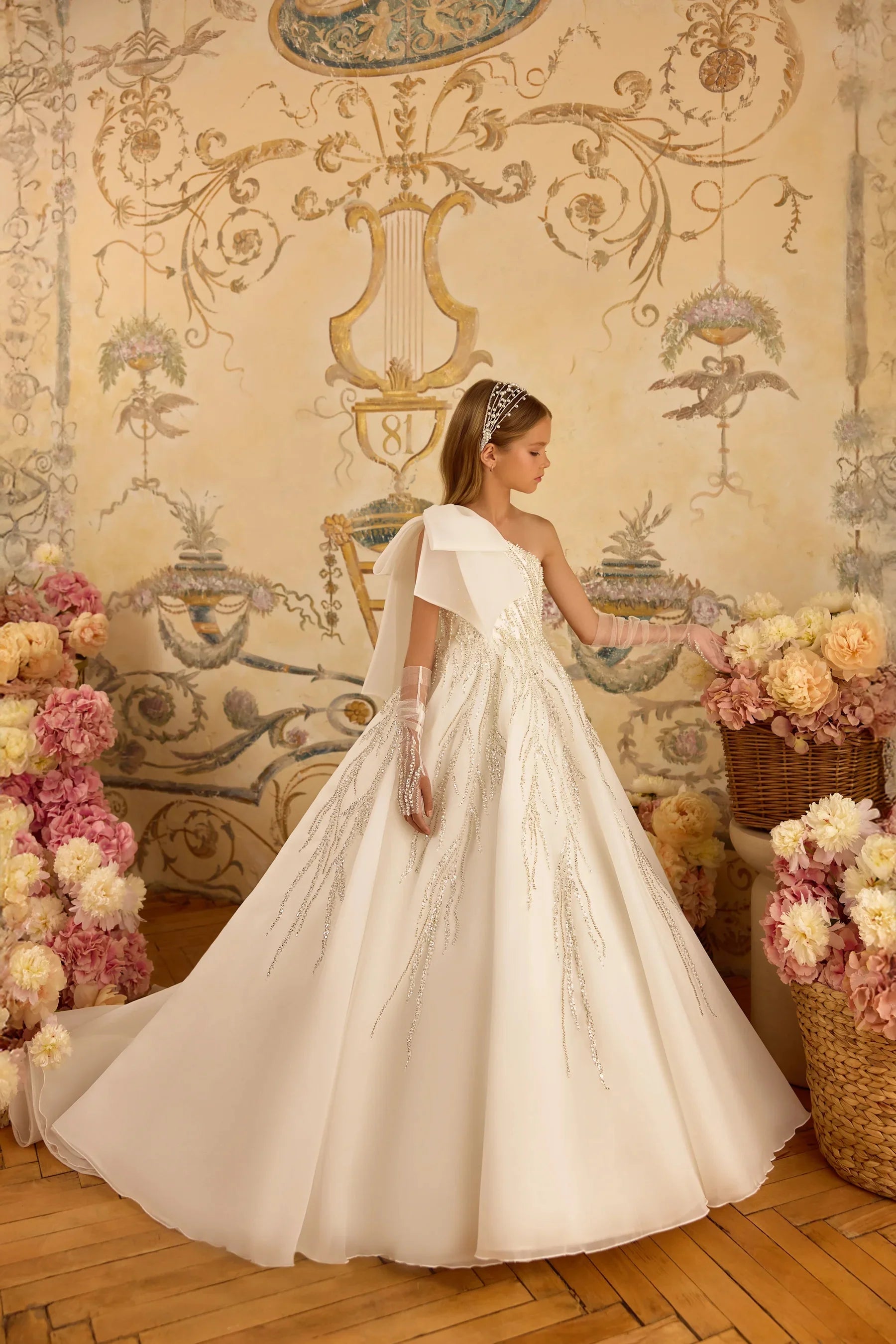 One-Shoulder Beaded Flower Girl Gown