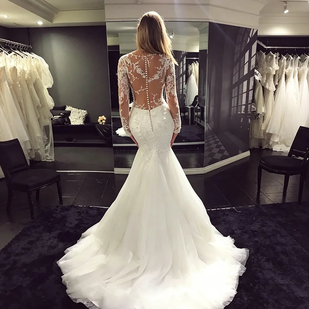 Long Sleeve Mermaid Wedding Dresses Sheer V Neck Lace Appliques Illusion Back Bridal Gown Sweep Train Tulle Vestido De Novia