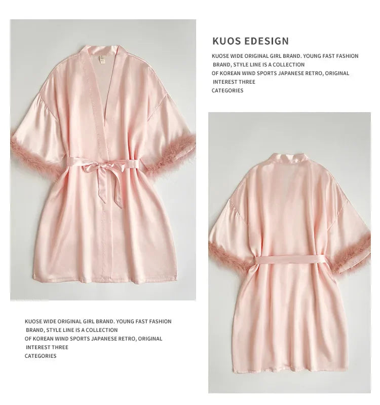 Feather Trim Satin Bridal Robe