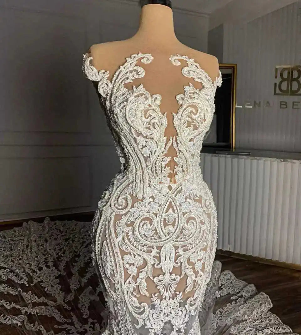 Romantic Lace Embroidery Mermaid Wedding Dress Off-Shoulder Sheer Tulle Cathedral Train Bridal Gown Vestido De Novia Customized