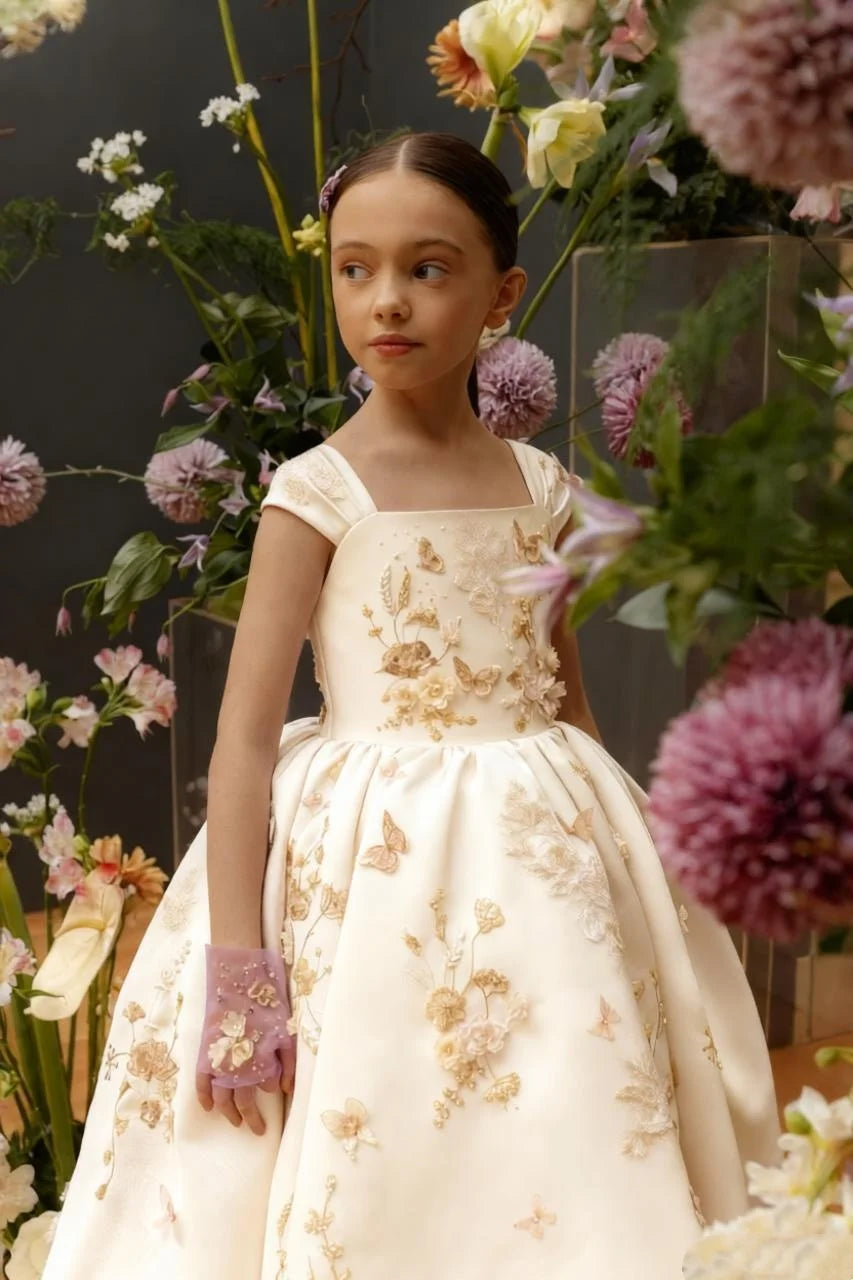 Floral Applique Tea Length Flower Girl Dress