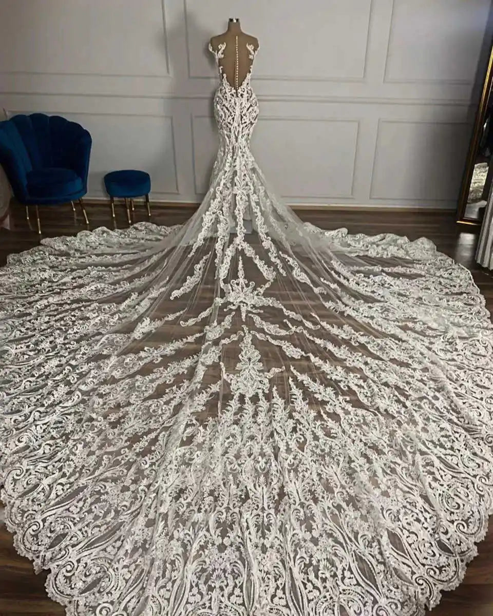 Romantic Lace Embroidery Mermaid Wedding Dress Off-Shoulder Sheer Tulle Cathedral Train Bridal Gown Vestido De Novia Customized