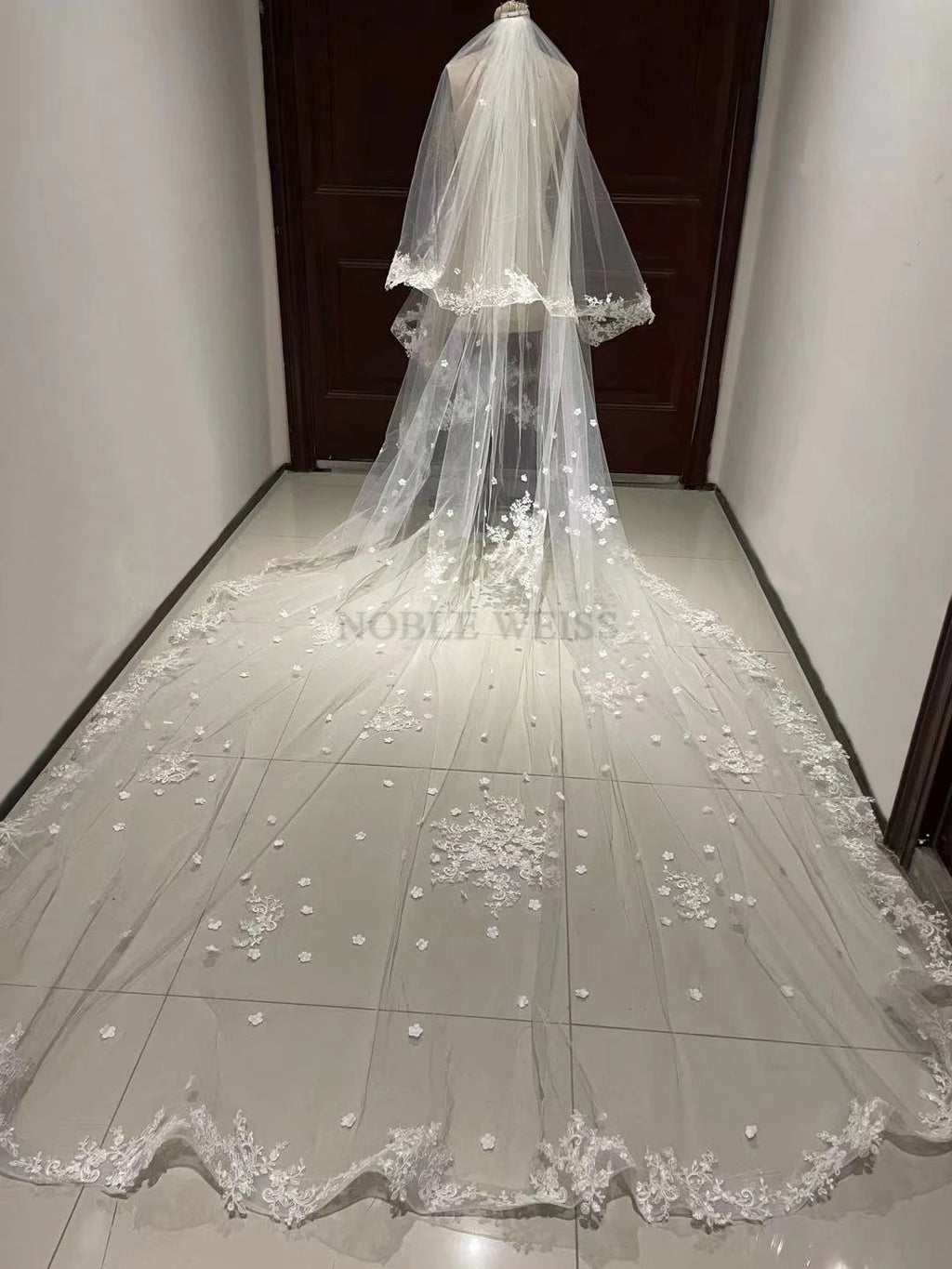 Long Wedding Veils With Comb Two Layers Appliques Bride Veil Lace Edge Tulle Veils Accessories 3m*4m Customized