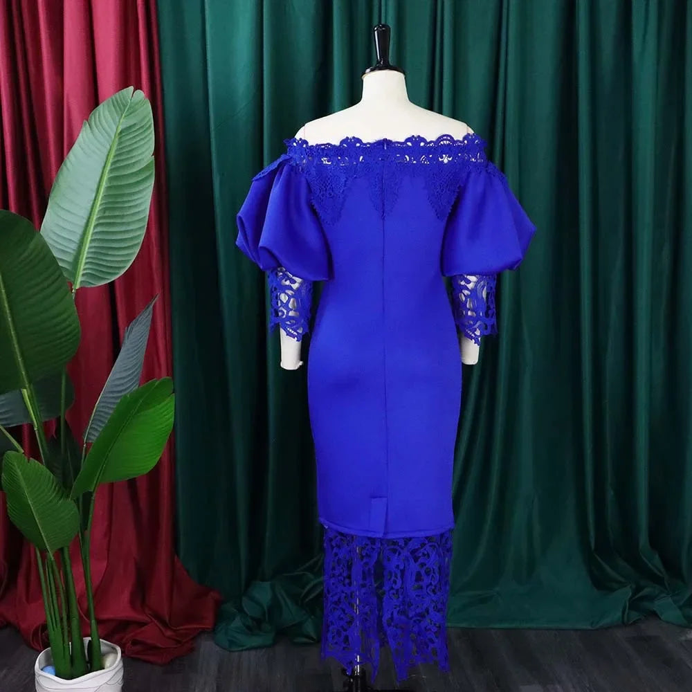 Off-Shoulder Lantern Sleeve Lace Sheath Dress