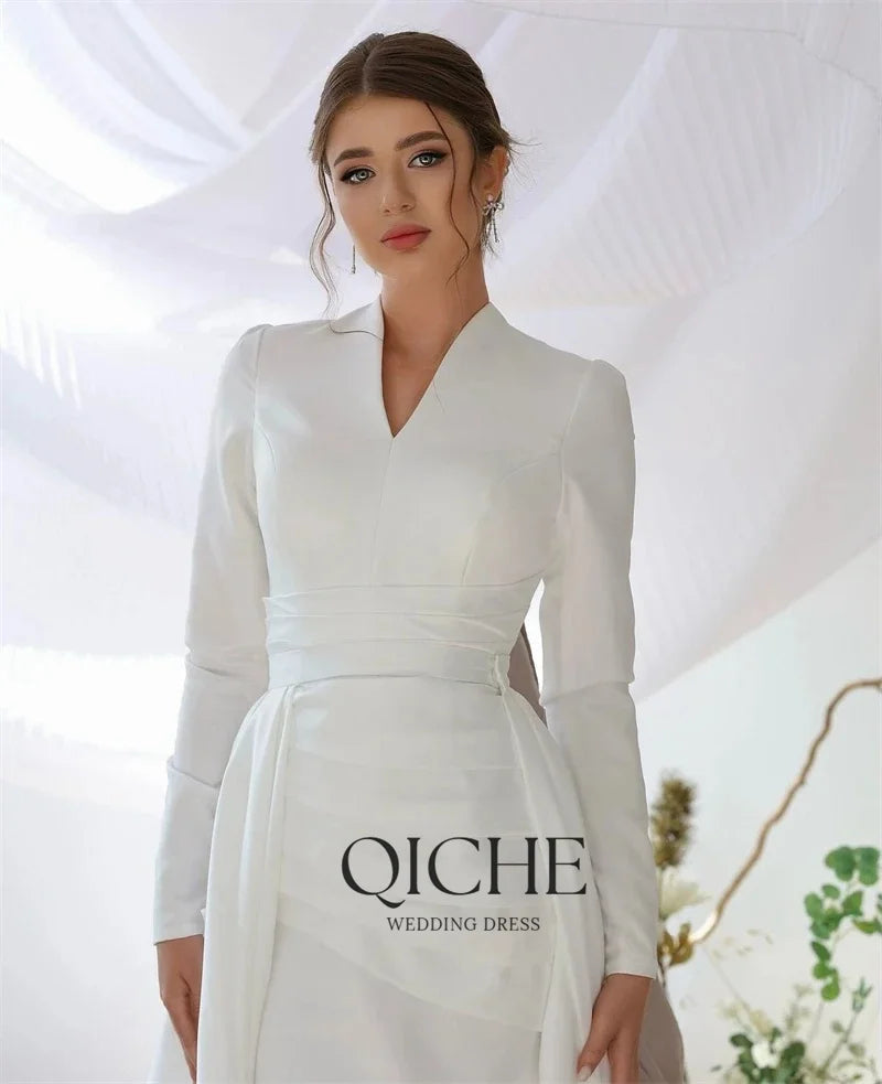 QICHE Modest Muslim Wedding Dresses Long Sleeve Luxury Floor Civil Bride Dresses Plus Customized 2026 Evening Prom Party Gowns