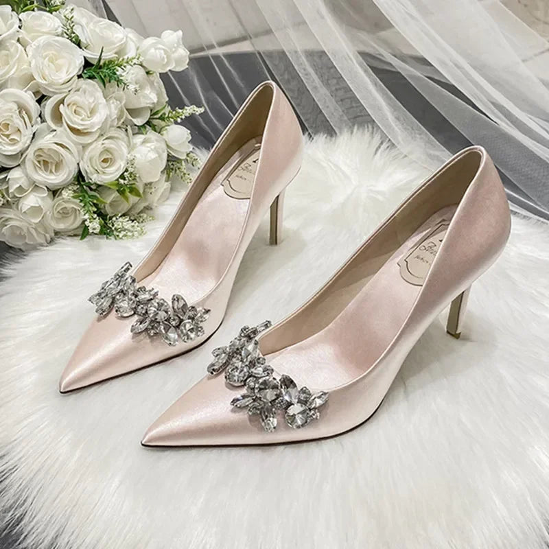 New White Champagne Women Bridal Wedding Shoes Faux Silk Satin Rhinestone Crystal Shallow Pumps Stiletto High Heel