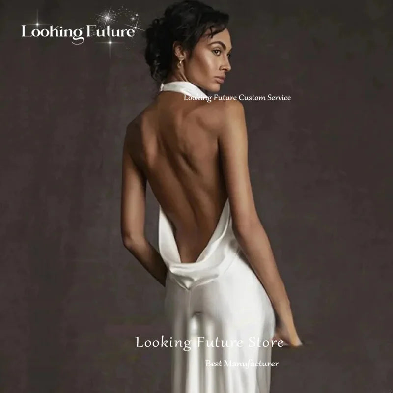 Halter Backless Ruched Satin Mermaid Wedding Dress