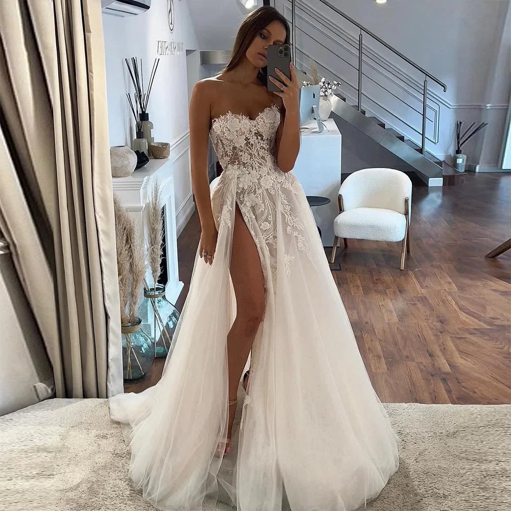 Boho Strapless Lace A-Line Wedding Dress with Split