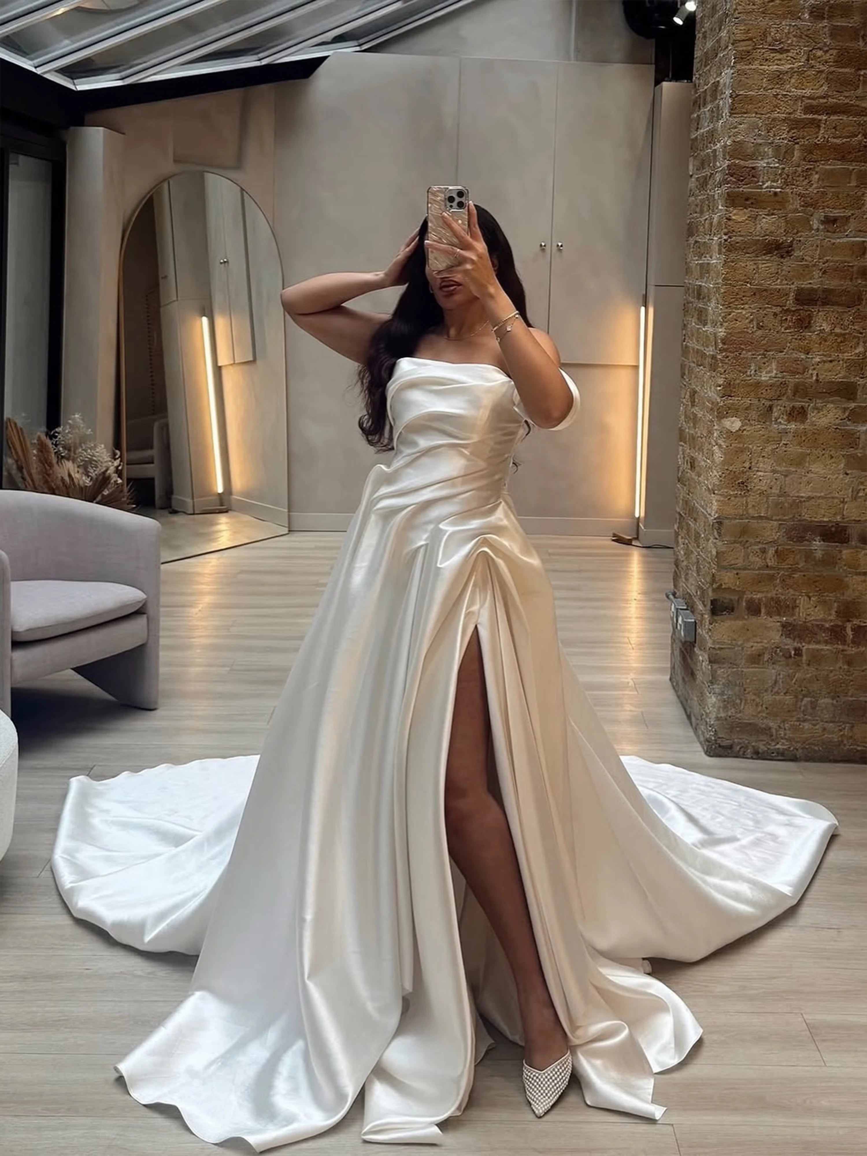 Strapless Satin A-Line Wedding Dress with High Split