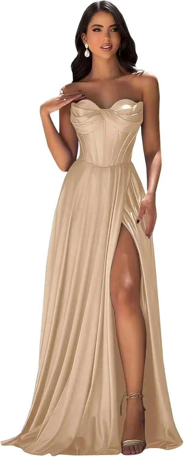 Chicbridal Women's Strapless Prom Dress Satin A-Line Long Ball Gown Sweetheart Corset Formal Dress with Pockets And Side Slit