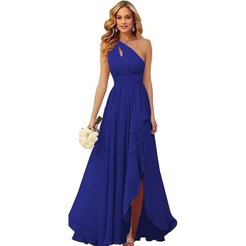 A Line Chiffon Bridesmaid Dresses One Shouder Slit Pleat Elegant Wedding Party Formal Prom Evening Lace Up Back