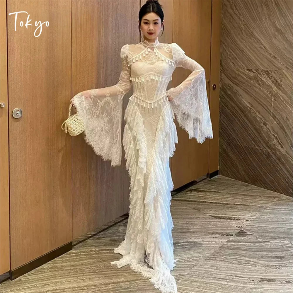 Tokyo Vintage Lace Bell Sleeve Wedding Dress High Neck Mermaid Bridal Gown Elegant Fringe Tassel Formal Evening Reception Gowns