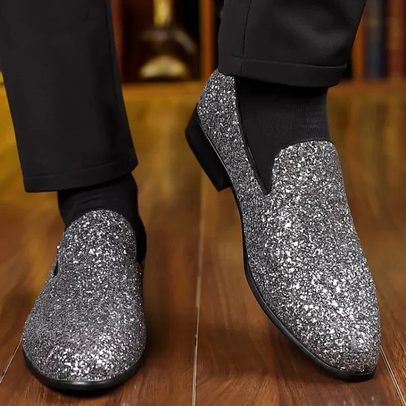 Men Formal Party Shoes New Luxury Loafers Men Gold Silver Sequin Wedding Shoe Fashion Designer Slip on Flats High Quality